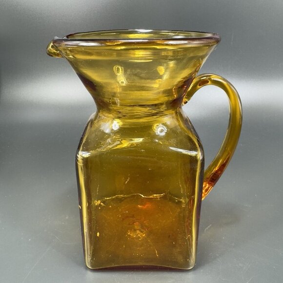 Mid Century Hand Blown Art Glass Pitcher Jug Carafe Amber With Handle Hand Made - Picture 12 of 12